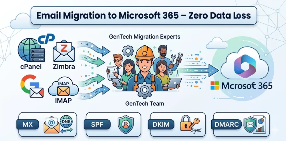 บริการย้ายอีเมลจาก cPanel Zimbra Google Workspace มา Microsoft 365 Business โดยทีม GenTech IT Solution